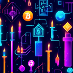 An educational illustration of various candlestick patterns used in crypto trading, showcasing a digital trading chart with candlestick formations like Doj