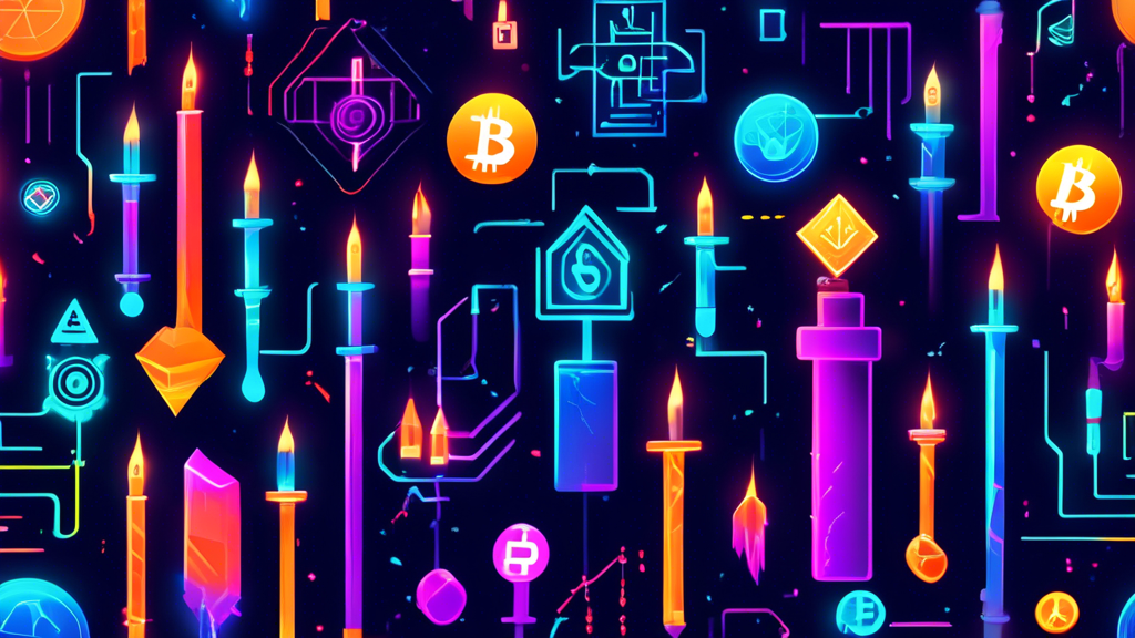 An educational illustration of various candlestick patterns used in crypto trading, showcasing a digital trading chart with candlestick formations like Doj