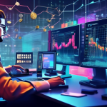 Create an image depicting a split scene with the left side showing a person engaged in cryptocurrency trading, with a laptop displaying colorful digital co