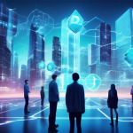 Create an image depicting a futuristic cityscape where digital currency symbols float holographically in the air. In the foreground, individuals interact w