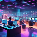 A digital artist's interpretation of a futuristic office space filled with high-tech gadgets and screens displaying complex cryptocurrency market analyses.