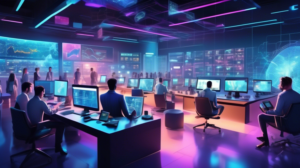 A digital artist's interpretation of a futuristic office space filled with high-tech gadgets and screens displaying complex cryptocurrency market analyses.