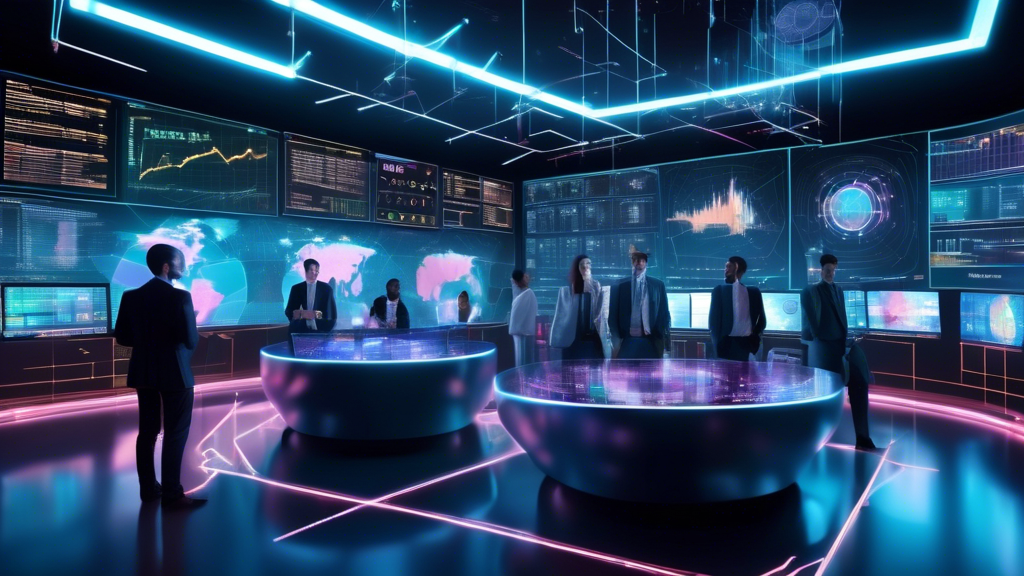 Generate an image of a futuristic digital trading room filled with holographic displays and charts showcasing cryptocurrency data. Include diverse investor