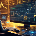 Create an image depicting a futuristic financial landscape where digital tokens and complex graphs of cryptocurrency values hover around. In the foreground