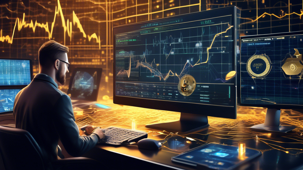 Create an image depicting a futuristic financial landscape where digital tokens and complex graphs of cryptocurrency values hover around. In the foreground