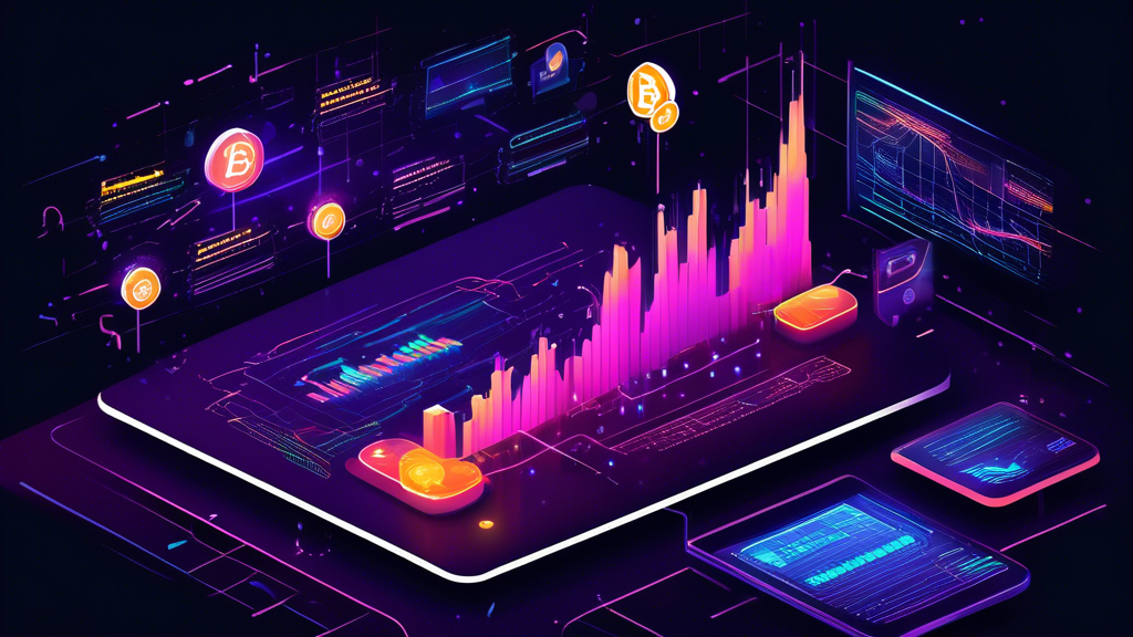 An infographic-style illustration showing the concept of crypto trading with moving averages. Include a digital background with cryptocurrency symbols like