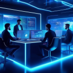 Create an image depicting a futuristic digital workspace where a diverse group of people is engaged in crypto trading. The scene includes large, transparen