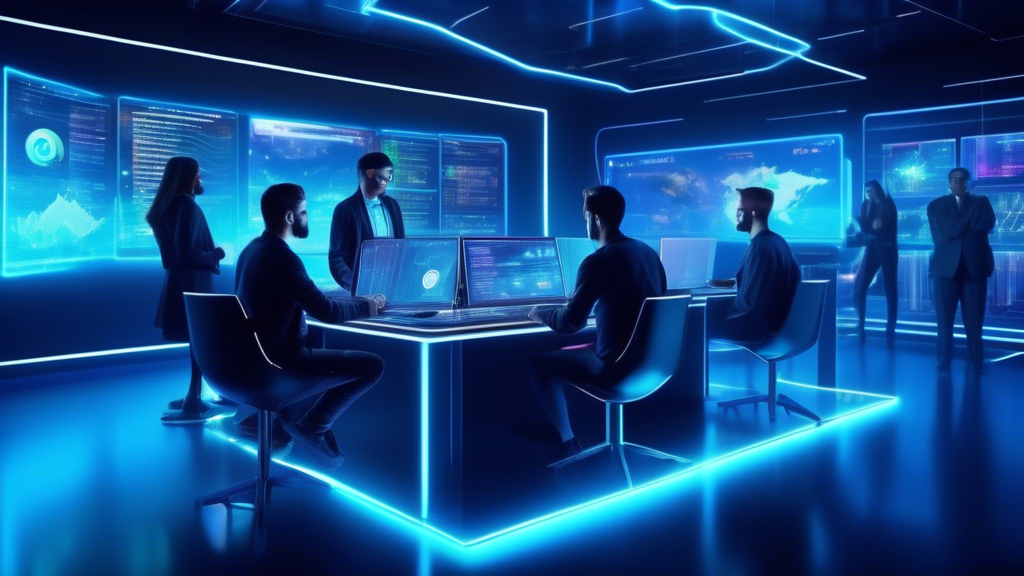 Create an image depicting a futuristic digital workspace where a diverse group of people is engaged in crypto trading. The scene includes large, transparen