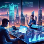 Create an image depicting a futuristic financial landscape where digital and traditional elements converge: a bustling cityscape with glowing skyscrapers,