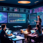 Create an image of a futuristic classroom where a diverse group of students is learning about cryptocurrency trading and perpetual swaps. The room is equip