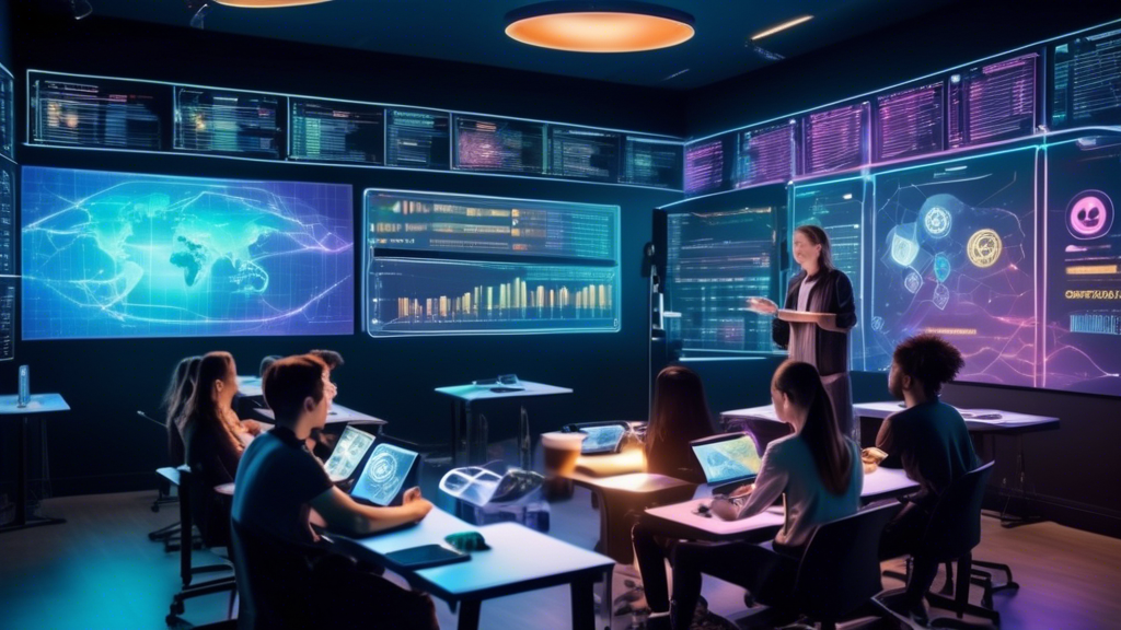 Create an image of a futuristic classroom where a diverse group of students is learning about cryptocurrency trading and perpetual swaps. The room is equip