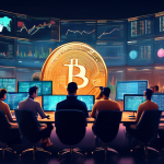 Create an image showing a diverse group of traders, each with a thoughtful expression, surrounding a large digital screen displaying cryptocurrency charts