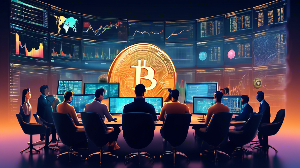 Create an image showing a diverse group of traders, each with a thoughtful expression, surrounding a large digital screen displaying cryptocurrency charts