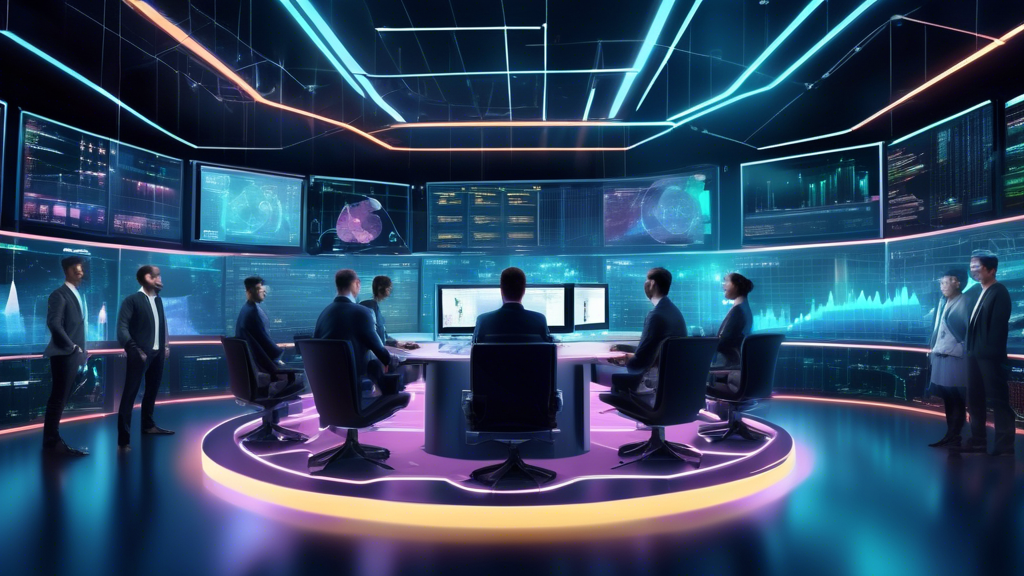 Create an image of a futuristic digital trading room with multiple holographic screens displaying cryptocurrency charts, graphs, and dynamic forecasts. The