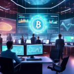 Create an image depicting a futuristic financial trading room focused on cryptocurrency. The room is filled with digital screens displaying complex graphs,