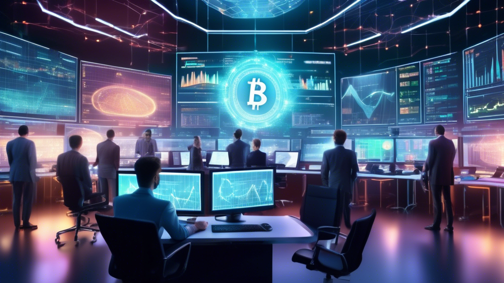 Create an image depicting a futuristic financial trading room focused on cryptocurrency. The room is filled with digital screens displaying complex graphs,