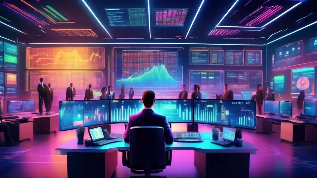 Create an image depicting a futuristic digital trading room filled with colorful screens and holographic charts, representing crypto trading and scalping s