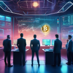 Create an image depicting a futuristic trading room filled with advanced technology. At the center, a diverse group of traders analyze a large digital scre