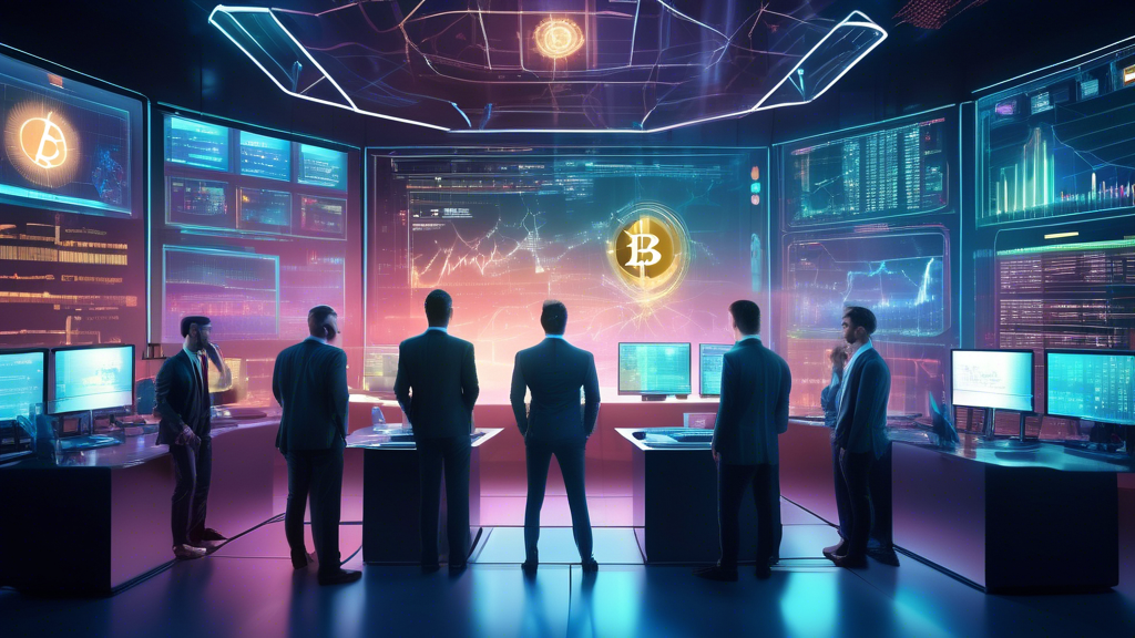 Create an image depicting a futuristic trading room filled with advanced technology. At the center, a diverse group of traders analyze a large digital scre