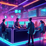 Create a futuristic digital illustration depicting a bustling financial arcade where young traders are immersed in both crypto and traditional short-term t