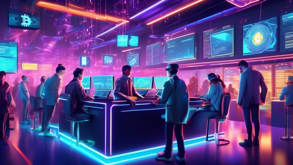 Create a futuristic digital illustration depicting a bustling financial arcade where young traders are immersed in both crypto and traditional short-term t