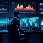 An image depicting a dynamic financial trading scene where a person is standing in front of multiple monitors displaying real-time data for both cryptocurr