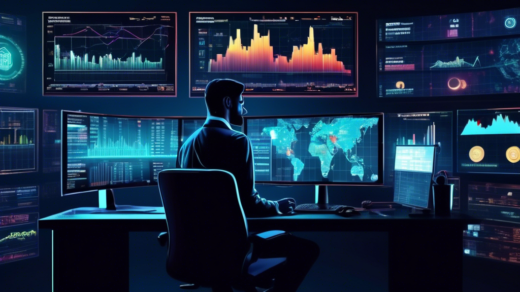 An image depicting a dynamic financial trading scene where a person is standing in front of multiple monitors displaying real-time data for both cryptocurr