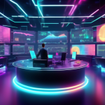 Create an image of a futuristic digital trading room filled with holographic screens displaying various technical indicators for cryptocurrency trading. Th