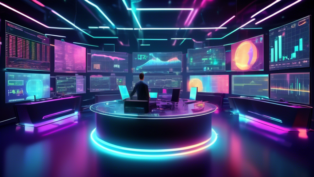 Create an image of a futuristic digital trading room filled with holographic screens displaying various technical indicators for cryptocurrency trading. Th