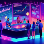 Create an illustration of a futuristic stock exchange floor, filled with holographic screens displaying various cryptocurrency symbols and data in vibrant