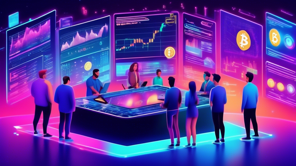 Create an illustration of a futuristic stock exchange floor, filled with holographic screens displaying various cryptocurrency symbols and data in vibrant