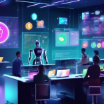 Create an image depicting a futuristic classroom setting where a diverse group of students are learning about crypto trading and tokenomics. The teacher, a