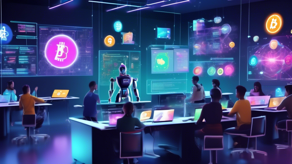 Create an image depicting a futuristic classroom setting where a diverse group of students are learning about crypto trading and tokenomics. The teacher, a