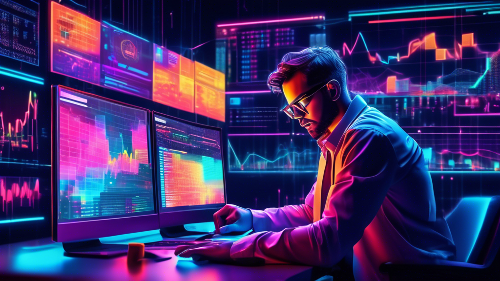 An abstract depiction of a skilled trader at a modern computer workstation surrounded by colorful cryptocurrency charts and graphs. The scene should illust