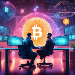 Create an image of a digital art depicting a confident trader in a futuristic setting, surrounded by holographic graphs and cryptocurrency symbols, such as