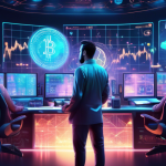 An intricate digital artwork depicting a futuristic control room filled with multiple holographic screens showing various cryptocurrency charts, graphs, an