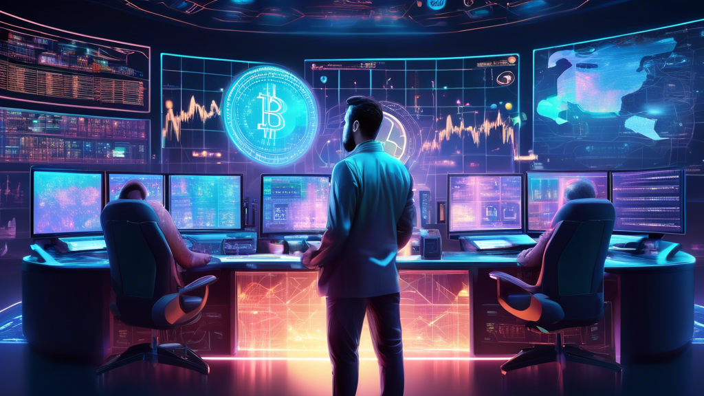 An intricate digital artwork depicting a futuristic control room filled with multiple holographic screens showing various cryptocurrency charts, graphs, an