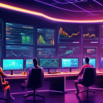 Create an illustration depicting a futuristic trading room filled with large digital screens showing crypto trading charts, graphs, and indicators. Include