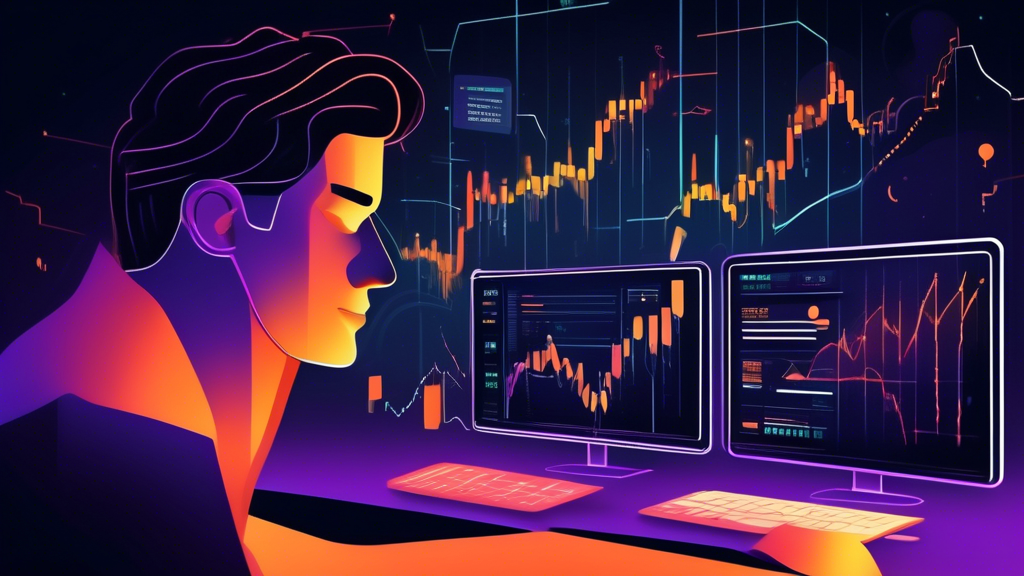 An educational illustration depicting the concept of crypto trading using trendlines, featuring a digital chart on a computer screen with upward and downwa