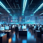 Create an image of a futuristic, digital trading floor bustling with virtual traders, holographic screens displaying real-time crypto market data, and adva