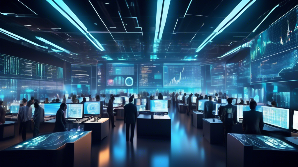 Create an image of a futuristic, digital trading floor bustling with virtual traders, holographic screens displaying real-time crypto market data, and adva