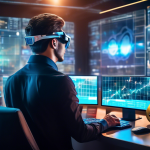 Create an image of a futuristic stock trader's desk with multiple holographic screens displaying cryptocurrency market charts, indicators, and news alerts.