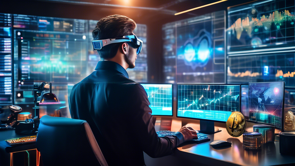 Create an image of a futuristic stock trader's desk with multiple holographic screens displaying cryptocurrency market charts, indicators, and news alerts.