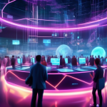 A futuristic digital landscape with glowing neon lights, depicting a bustling crypto trading hub. Traders are seen interacting with holographic screens dis