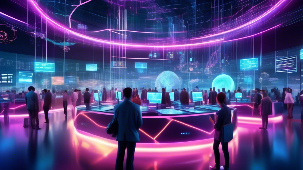 A futuristic digital landscape with glowing neon lights, depicting a bustling crypto trading hub. Traders are seen interacting with holographic screens dis