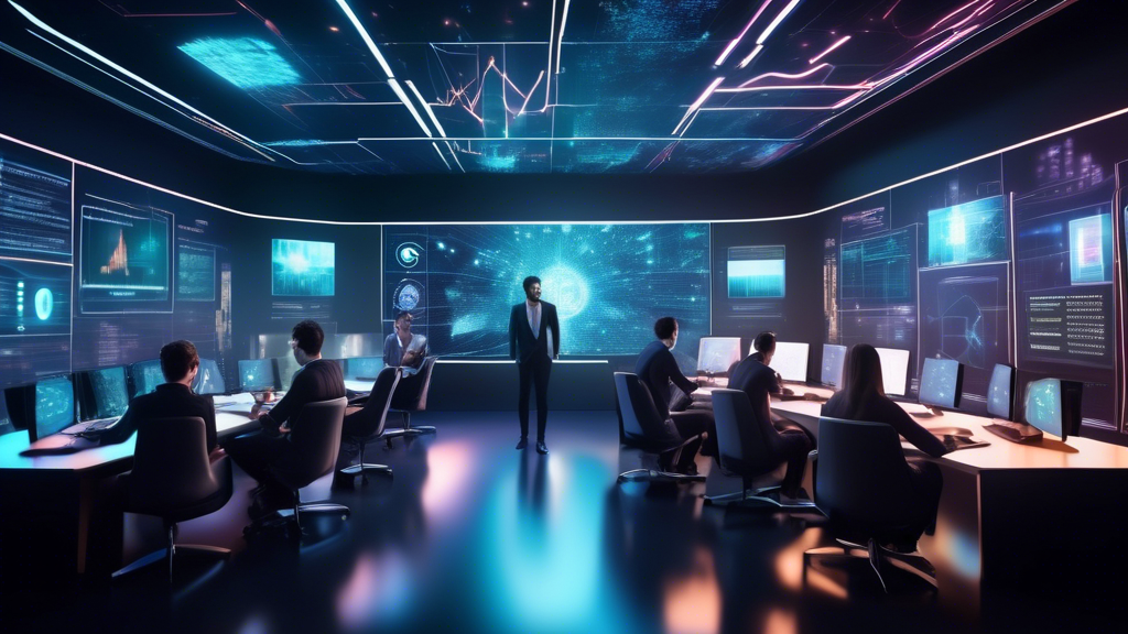 Create a dynamic and futuristic scene featuring a young, diverse group of professionals engaged in cryptocurrency trading. They are surrounded by digital s