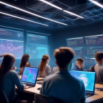 An image of a futuristic classroom filled with diverse students attentively studying holographic screens displaying cryptocurrency charts and graphs. The m