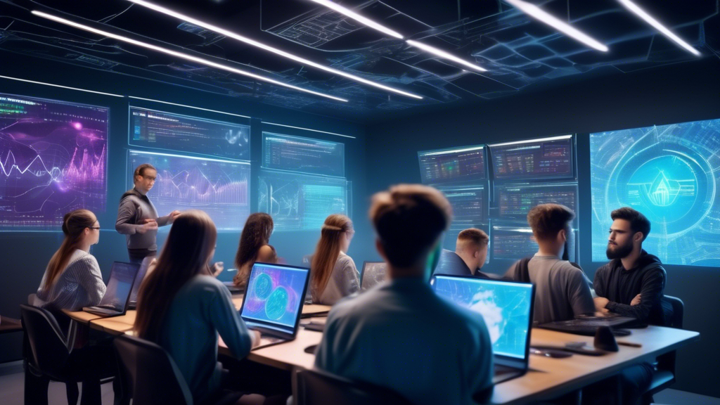 An image of a futuristic classroom filled with diverse students attentively studying holographic screens displaying cryptocurrency charts and graphs. The m