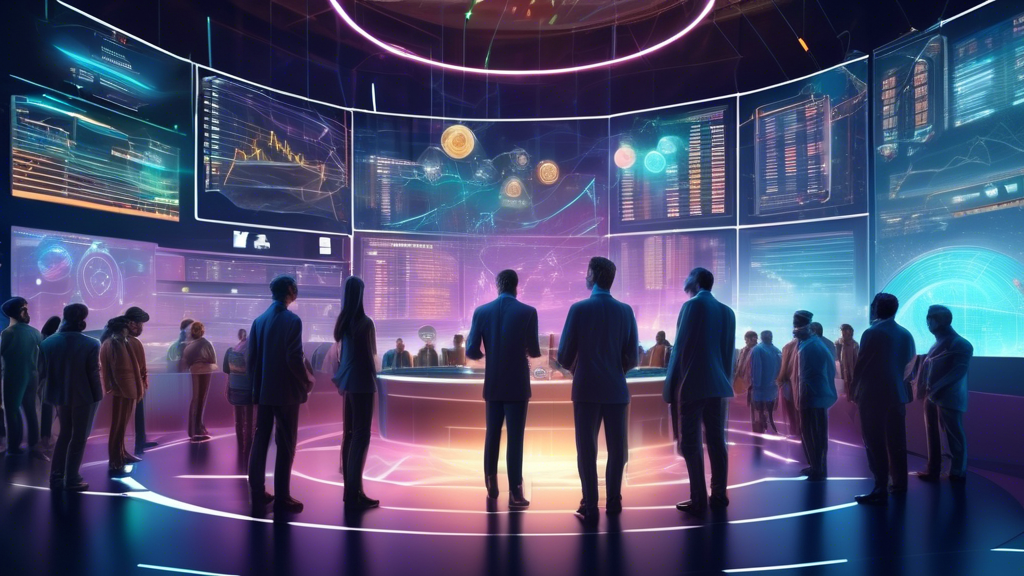 Create a futuristic and dynamic digital artwork depicting the world of cryptocurrency trading in 2024. The scene should highlight a bustling virtual tradin