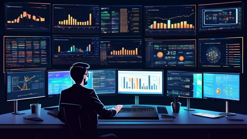 Create an image of a digital workspace of a crypto trader, filled with multiple computer screens displaying graphs, charts, and live trading data for vario